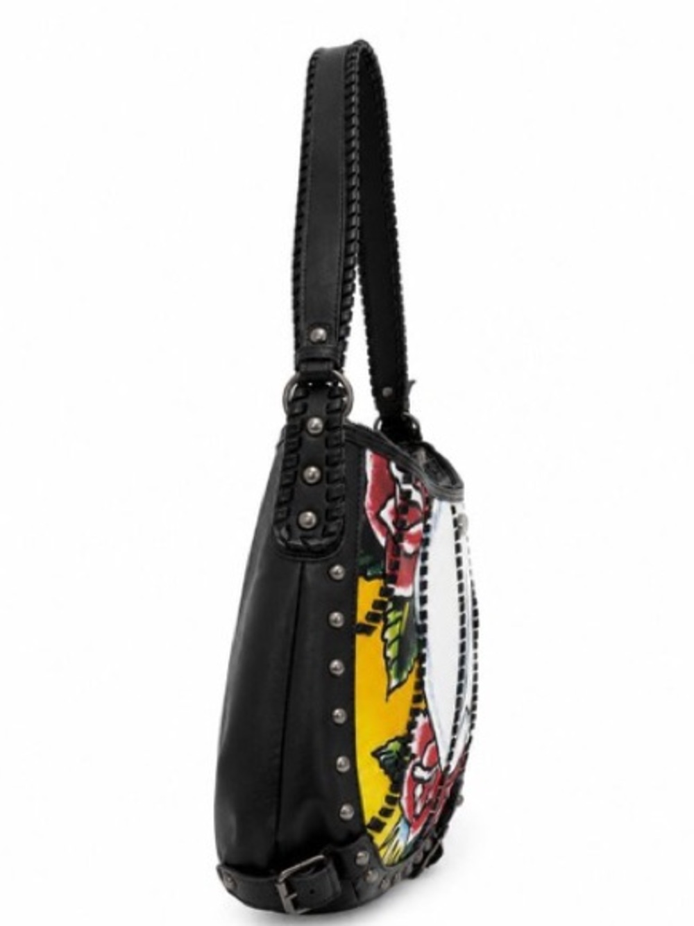 Ed Hardy Graphic Print Studded faux Leather Shoulder Bag Skulls Roses NWT - Picture 3 of 16
